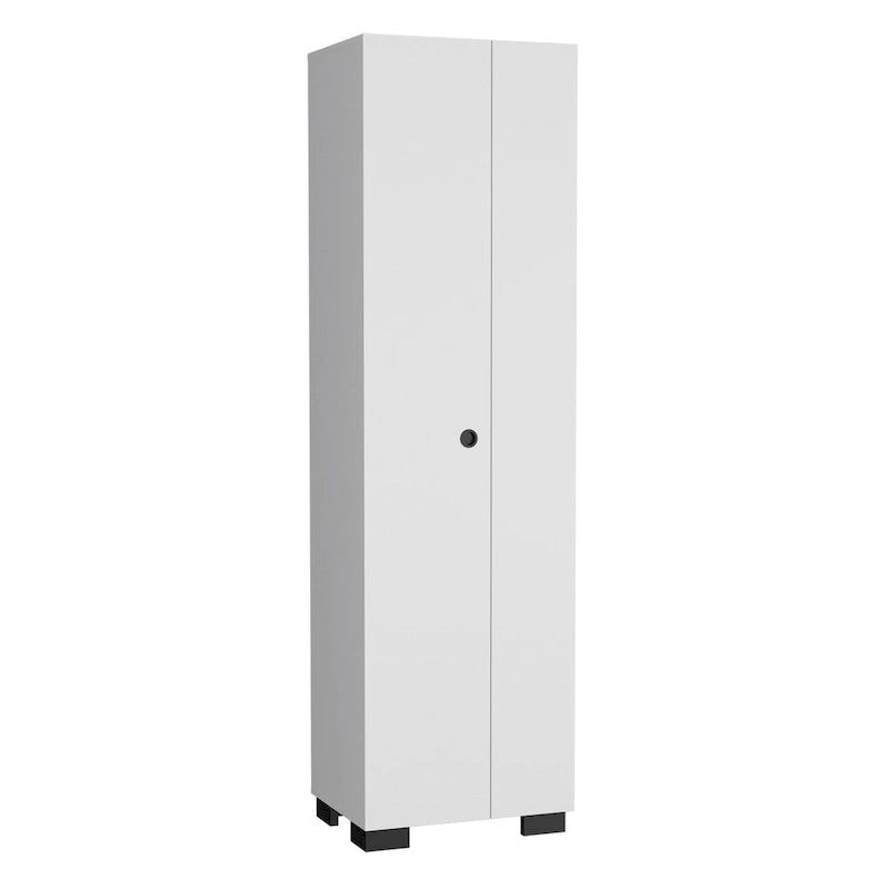 Meuble de rangement pour balais, étroit, avec étagères intérieures et supports latéraux pour balais — Blanc