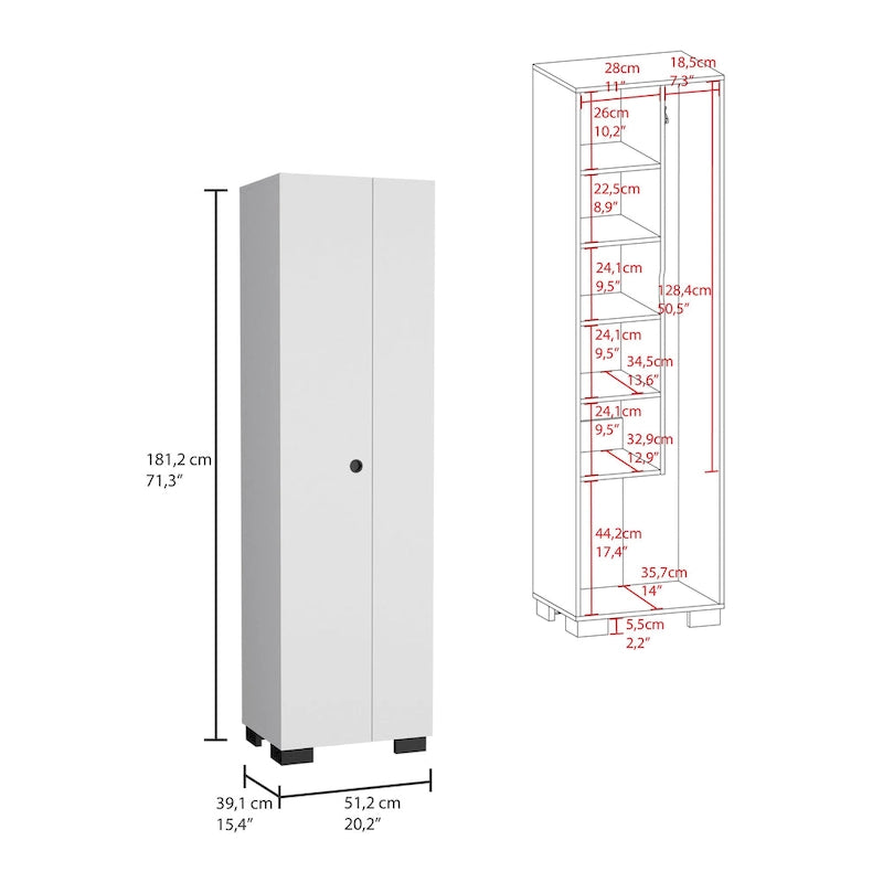 Meuble de rangement pour balais, étroit, avec étagères intérieures et supports latéraux pour balais — Blanc