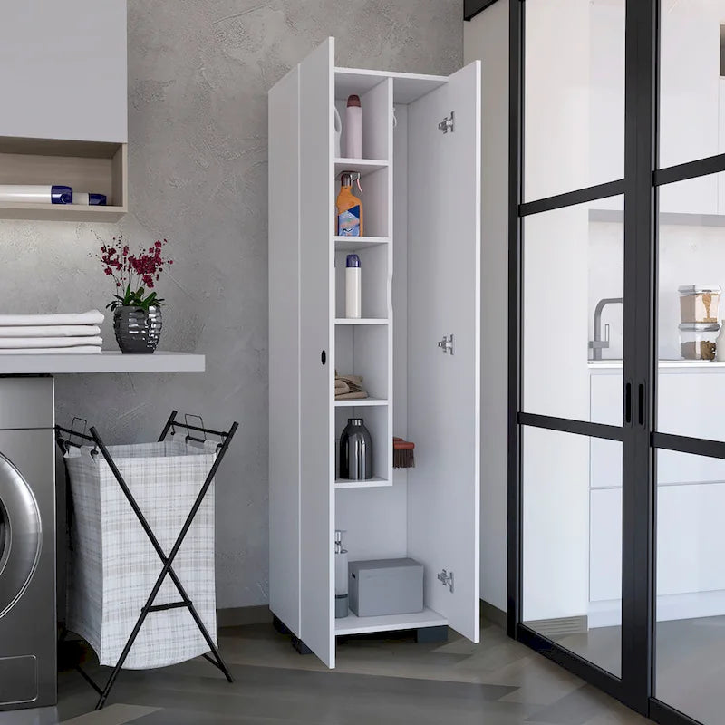 Meuble de rangement pour balais, étroit, avec étagères intérieures et supports latéraux pour balais — Blanc