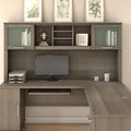 Vitrina con puerta de cristal esmerilado para escritorio en forma de L — Estantes abiertos y almacenamiento oculto, 71"L x 12.65"W x 35.81"H