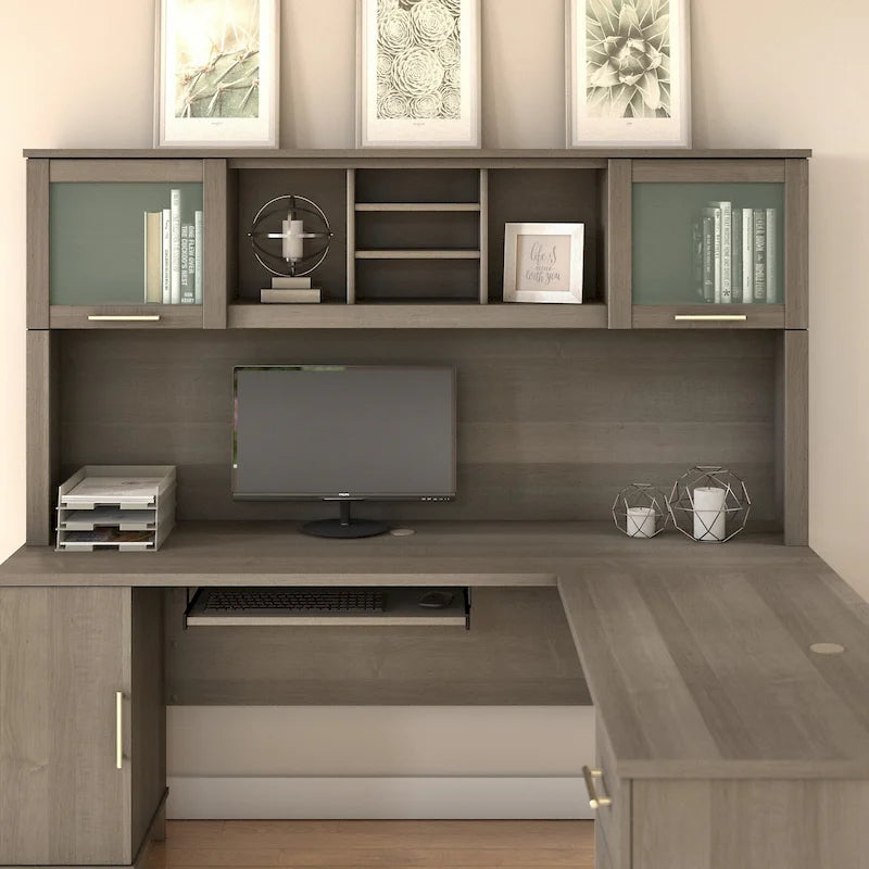 Étagère de Rangement pour Bureau en L avec Portes en Verre Givré — Étagères Ouvertes et Rangement Dissimulé, 180,34 cm (L) x 32,13 cm (l) x 90,96 cm (H)