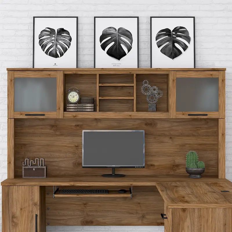 Étagère de Rangement pour Bureau en L avec Portes en Verre Givré — Étagères Ouvertes et Rangement Dissimulé, 180,34 cm (L) x 32,13 cm (l) x 90,96 cm (H)