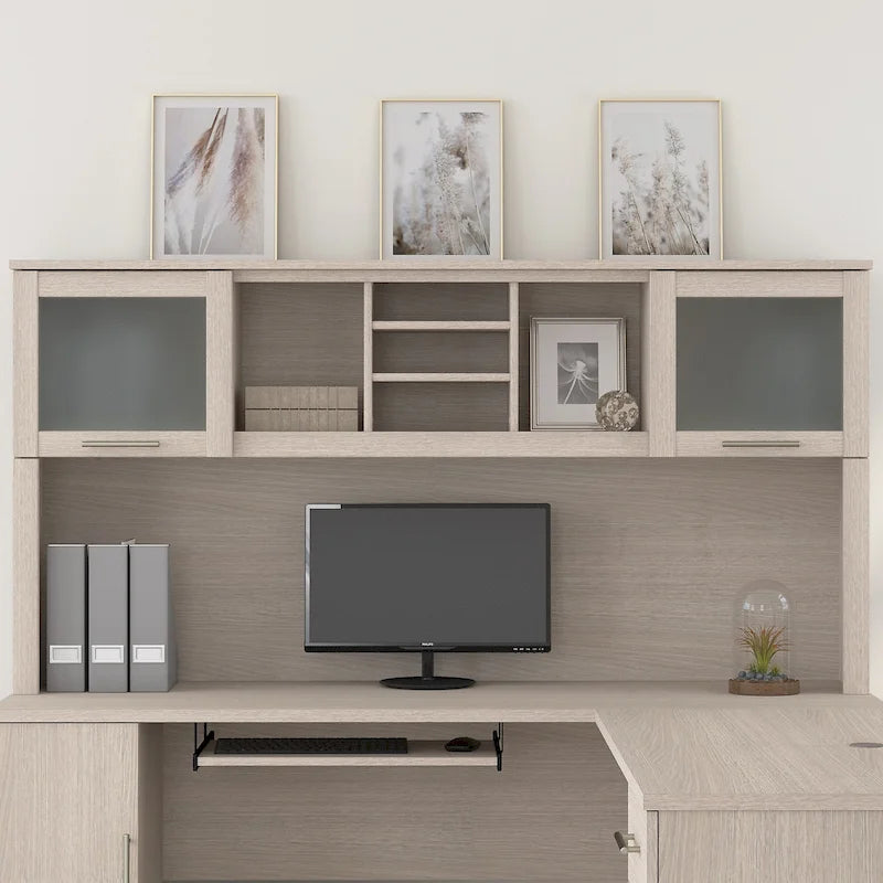 Étagère de Rangement pour Bureau en L avec Portes en Verre Givré — Étagères Ouvertes et Rangement Dissimulé, 180,34 cm (L) x 32,13 cm (l) x 90,96 cm (H)