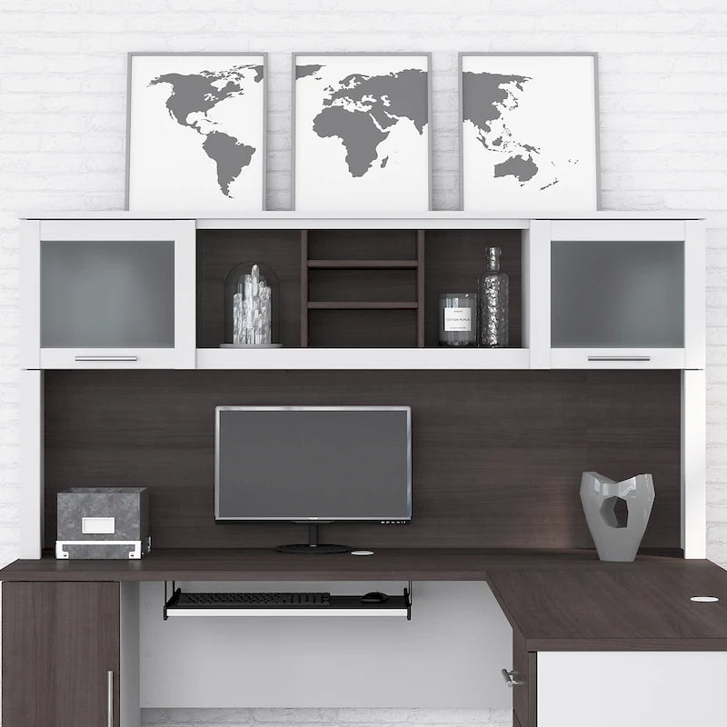 Étagère de Rangement pour Bureau en L avec Portes en Verre Givré — Étagères Ouvertes et Rangement Dissimulé, 180,34 cm (L) x 32,13 cm (l) x 90,96 cm (H)