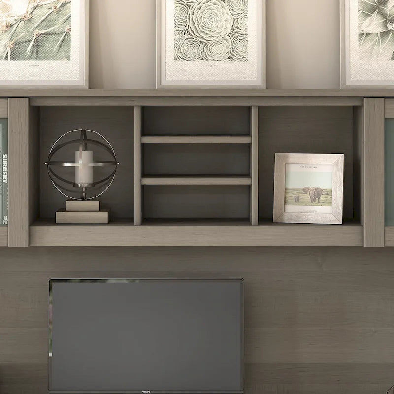 Étagère de Rangement pour Bureau en L avec Portes en Verre Givré — Étagères Ouvertes et Rangement Dissimulé, 180,34 cm (L) x 32,13 cm (l) x 90,96 cm (H)