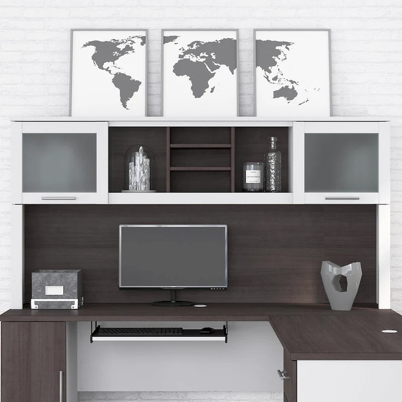 Vitrina con puerta de cristal esmerilado para escritorio en forma de L — Estantes abiertos y almacenamiento oculto, 71"L x 12.65"W x 35.81"H