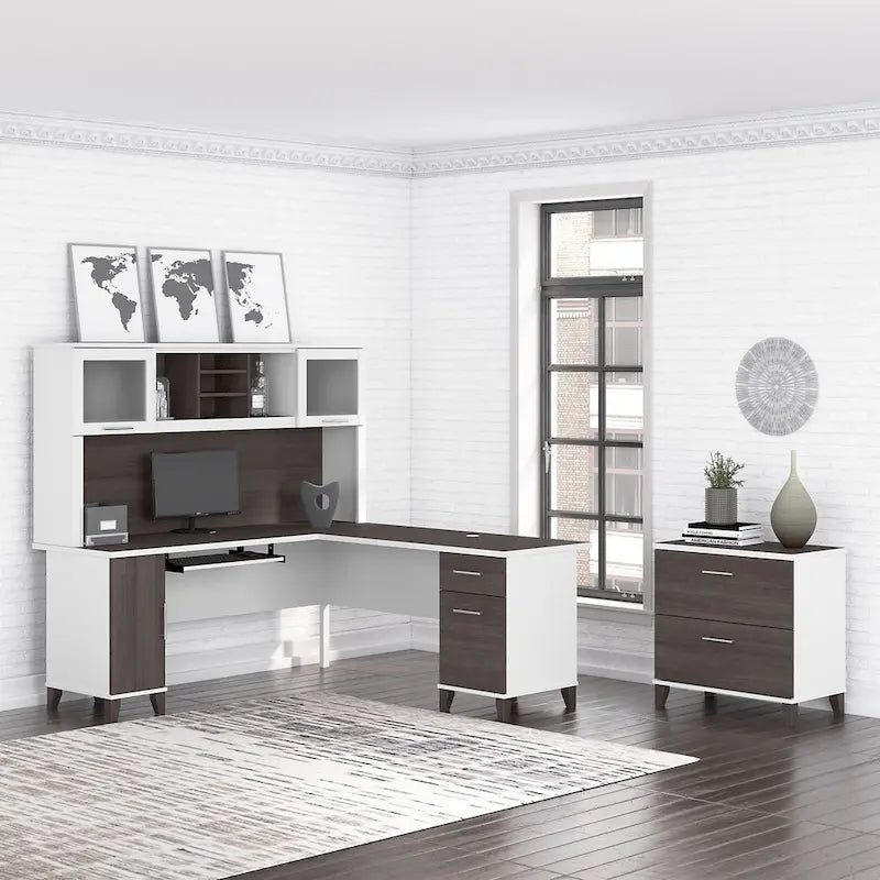 Vitrina con puerta de cristal esmerilado para escritorio en forma de L — Estantes abiertos y almacenamiento oculto, 71"L x 12.65"W x 35.81"H