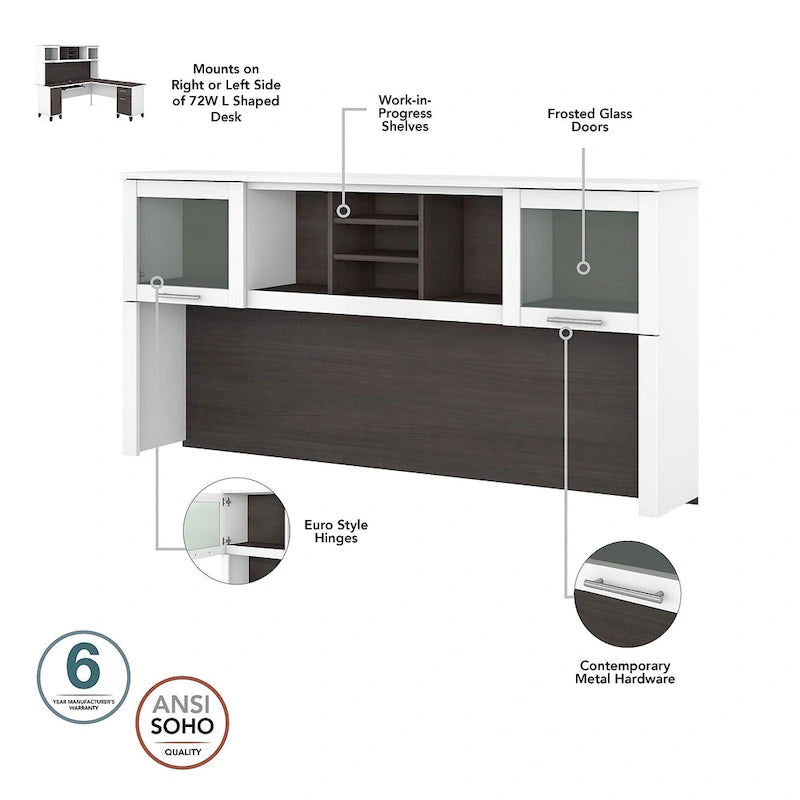 Vitrina con puerta de cristal esmerilado para escritorio en forma de L — Estantes abiertos y almacenamiento oculto, 71"L x 12.65"W x 35.81"H