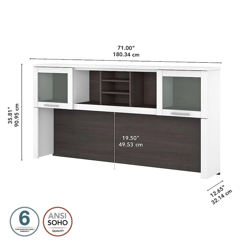 Vitrina con puerta de cristal esmerilado para escritorio en forma de L — Estantes abiertos y almacenamiento oculto, 71"L x 12.65"W x 35.81"H