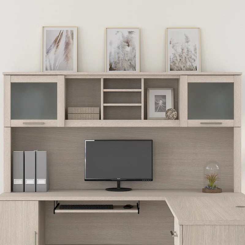Vitrina con puerta de cristal esmerilado para escritorio en forma de L — Estantes abiertos y almacenamiento oculto, 71"L x 12.65"W x 35.81"H