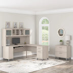 Vitrina con puerta de cristal esmerilado para escritorio en forma de L — Estantes abiertos y almacenamiento oculto, 71"L x 12.65"W x 35.81"H