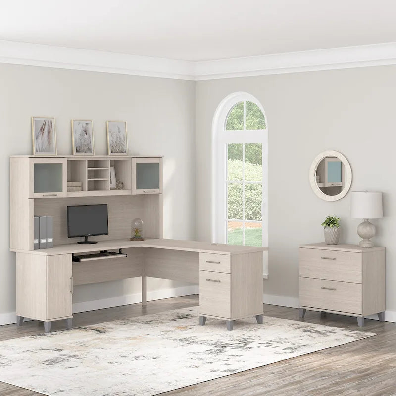 Vitrina con puerta de cristal esmerilado para escritorio en forma de L — Estantes abiertos y almacenamiento oculto, 71"L x 12.65"W x 35.81"H