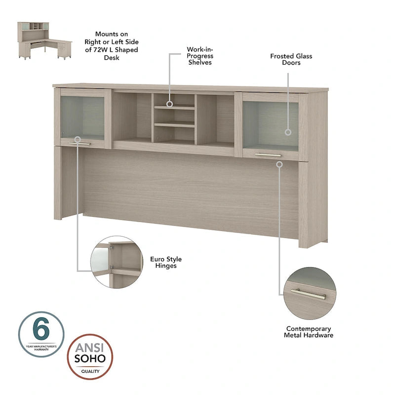 Vitrina con puerta de cristal esmerilado para escritorio en forma de L — Estantes abiertos y almacenamiento oculto, 71"L x 12.65"W x 35.81"H