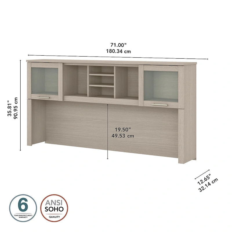 Vitrina con puerta de cristal esmerilado para escritorio en forma de L — Estantes abiertos y almacenamiento oculto, 71"L x 12.65"W x 35.81"H