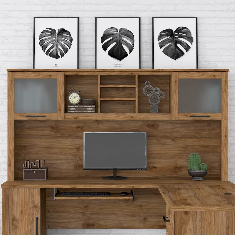 Vitrina con puerta de cristal esmerilado para escritorio en forma de L — Estantes abiertos y almacenamiento oculto, 71"L x 12.65"W x 35.81"H