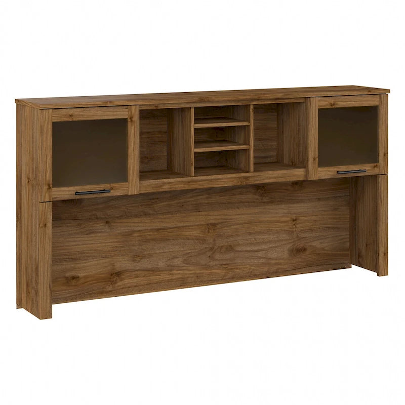 Vitrina con puerta de cristal esmerilado para escritorio en forma de L — Estantes abiertos y almacenamiento oculto, 71"L x 12.65"W x 35.81"H