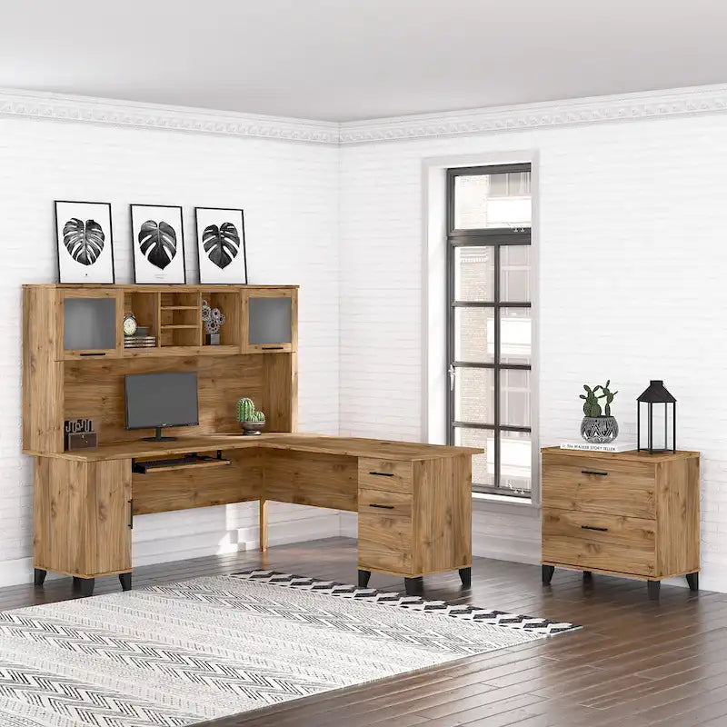 Vitrina con puerta de cristal esmerilado para escritorio en forma de L — Estantes abiertos y almacenamiento oculto, 71"L x 12.65"W x 35.81"H