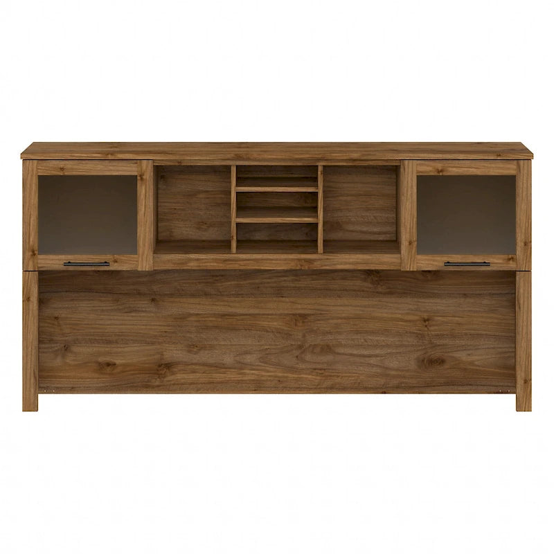 Vitrina con puerta de cristal esmerilado para escritorio en forma de L — Estantes abiertos y almacenamiento oculto, 71"L x 12.65"W x 35.81"H