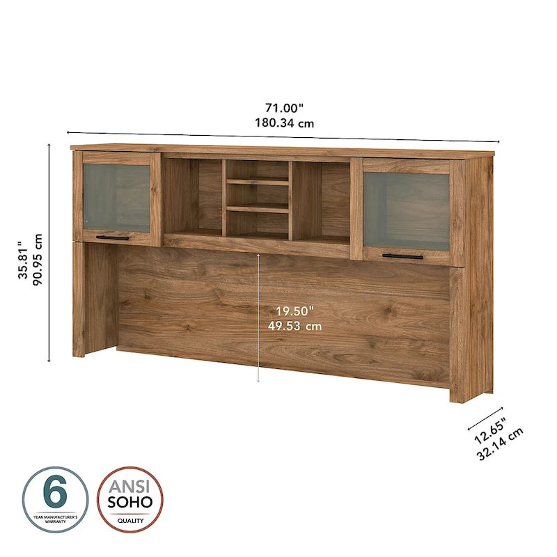Vitrina con puerta de cristal esmerilado para escritorio en forma de L — Estantes abiertos y almacenamiento oculto, 71"L x 12.65"W x 35.81"H
