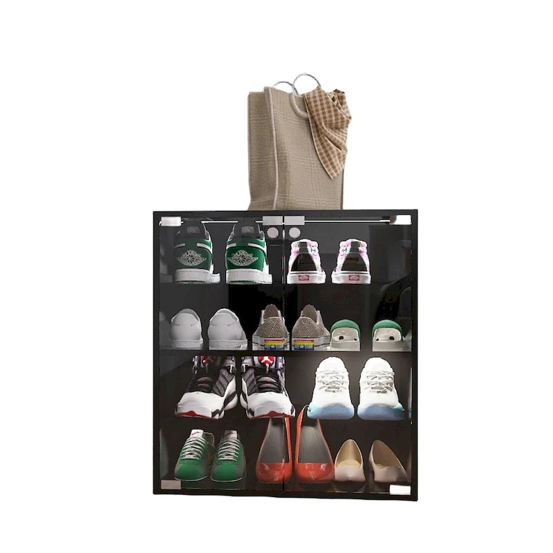 Meuble à chaussures noir à 4 niveaux avec porte en verre et vitrine à chaussures en verre avec lumière LED à commande Bluetooth
