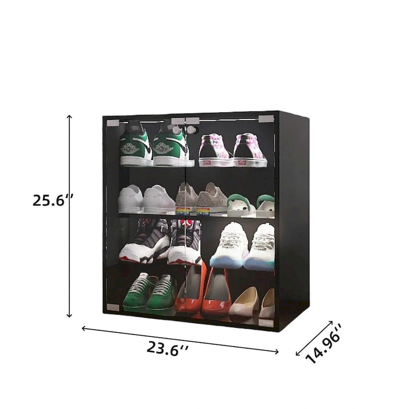 Meuble à chaussures noir à 4 niveaux avec porte en verre et vitrine à chaussures en verre avec lumière LED à commande Bluetooth