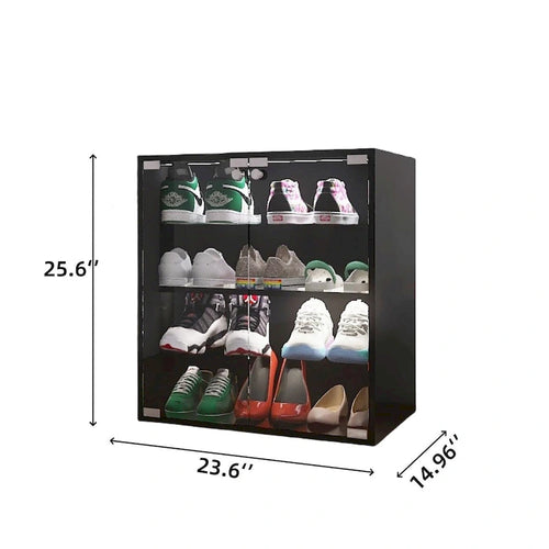 Zapatero negro de 4 capas con puerta de cristal y expositor de zapatos de capa de cristal con luz LED y control Bluetooth