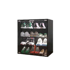 Zapatero negro de 4 capas con puerta de cristal y expositor de zapatos de capa de cristal con luz LED y control Bluetooth