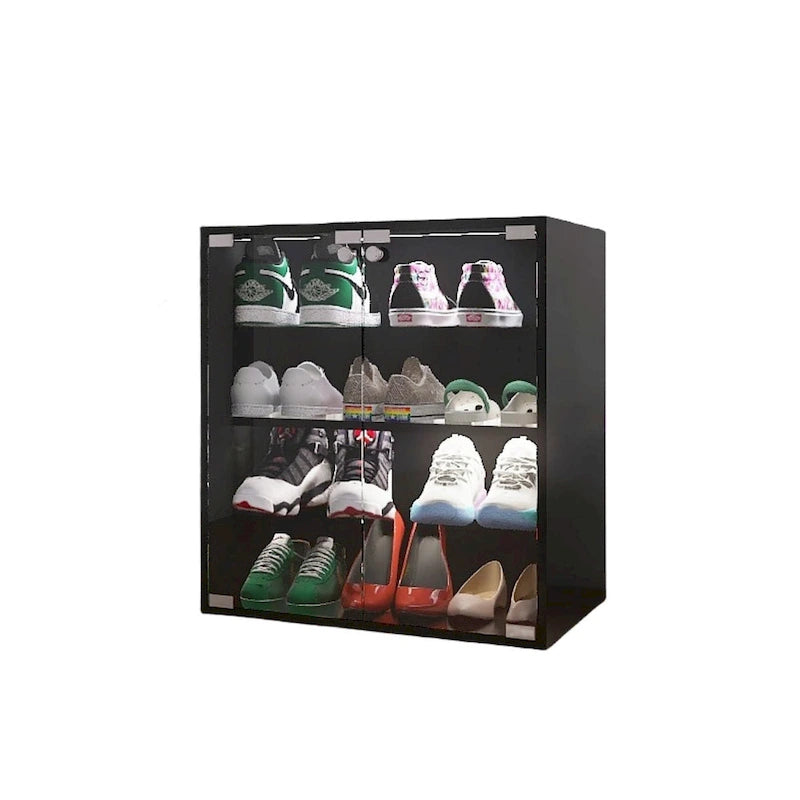 Meuble à chaussures noir à 4 niveaux avec porte en verre et vitrine à chaussures en verre avec lumière LED à commande Bluetooth