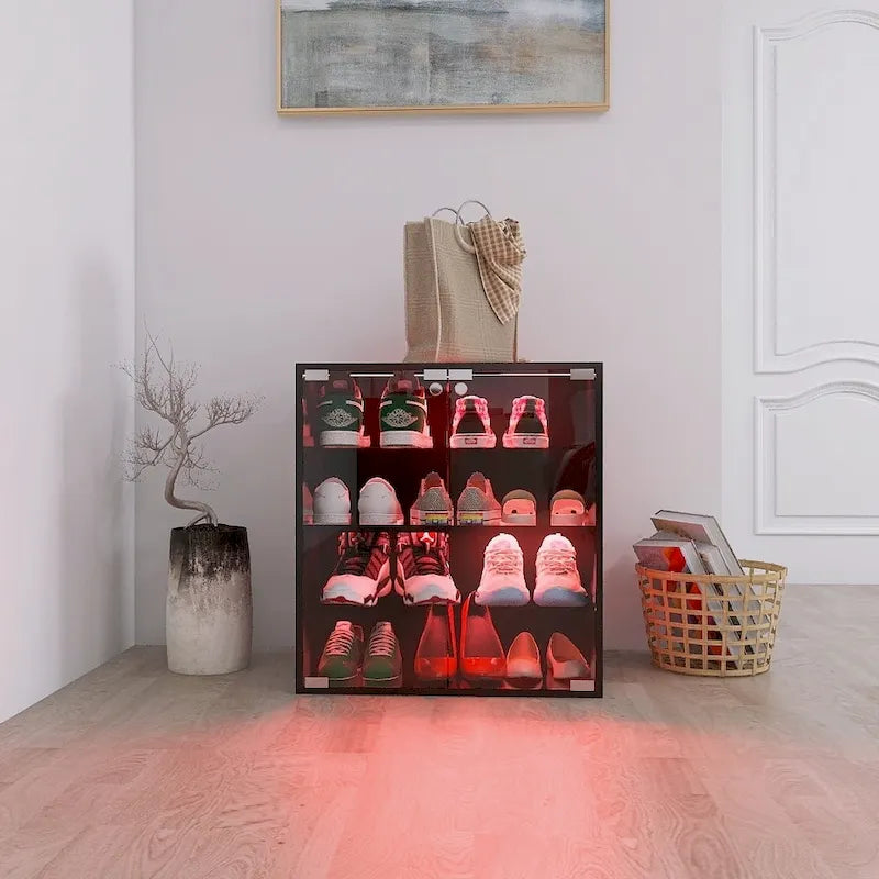 Zapatero negro de 4 capas con puerta de cristal y expositor de zapatos de capa de cristal con luz LED y control Bluetooth