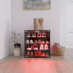 Zapatero negro de 4 capas con puerta de cristal y expositor de zapatos de capa de cristal con luz LED y control Bluetooth