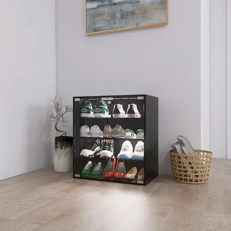 Zapatero negro de 4 capas con puerta de cristal y expositor de zapatos de capa de cristal con luz LED y control Bluetooth