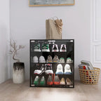 Zapatero negro de 4 capas con puerta de cristal y expositor de zapatos de capa de cristal con luz LED y control Bluetooth