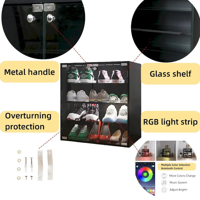 Zapatero negro de 4 capas con puerta de cristal y expositor de zapatos de capa de cristal con luz LED y control Bluetooth
