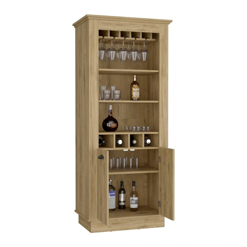 Meuble Bar avec Casier à Vin 4 Bouteilles, Support à Verres Supérieur et Rangement Double Porte