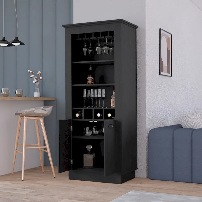 Meuble Bar avec Casier à Vin 4 Bouteilles, Support à Verres Supérieur et Rangement Double Porte
