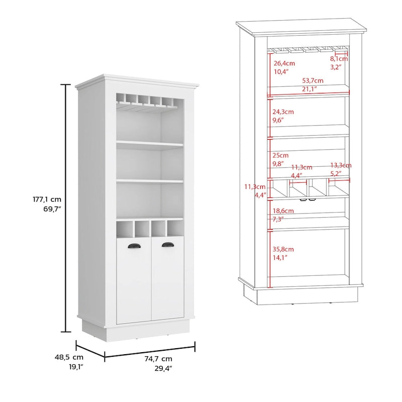 Mueble Bar con Botellero para 4 Botellas, Soporte Superior para Copas y Armario de Doble Puerta