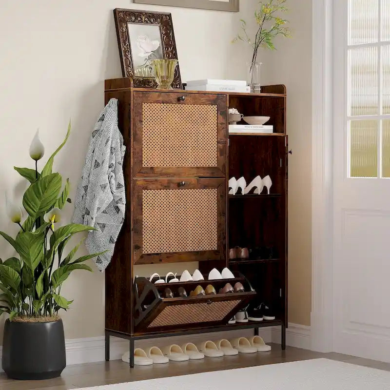 Meuble à chaussures en rotin avec 3 tiroirs basculants et 4 niveaux