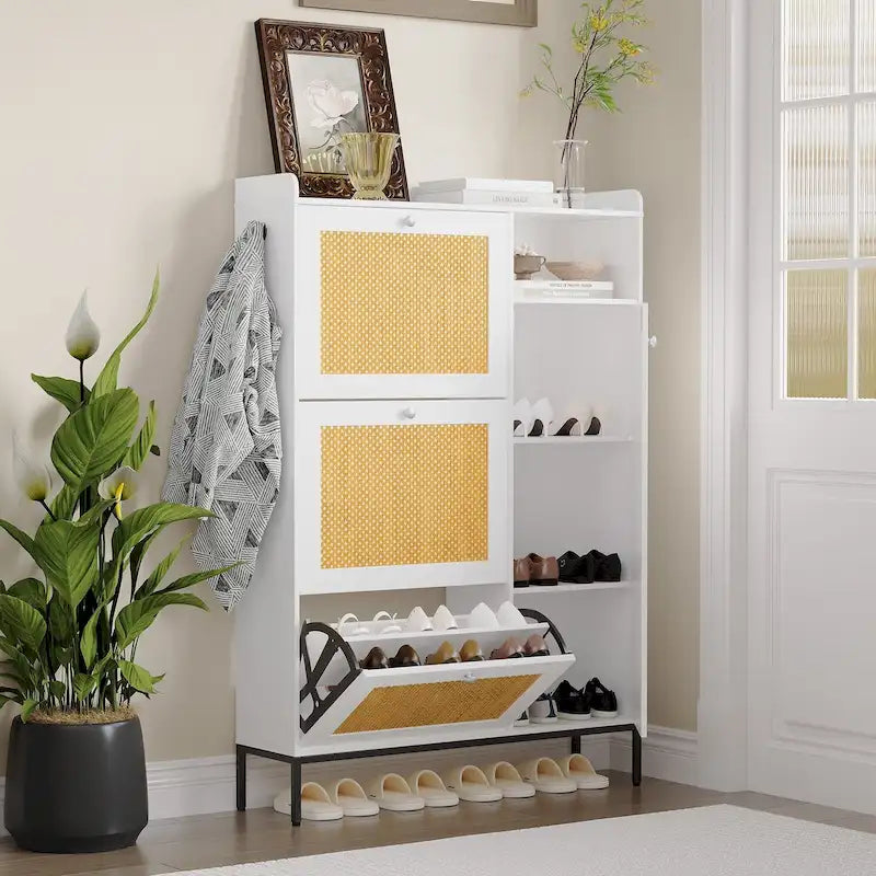 Meuble à chaussures en rotin avec 3 tiroirs basculants et 4 niveaux