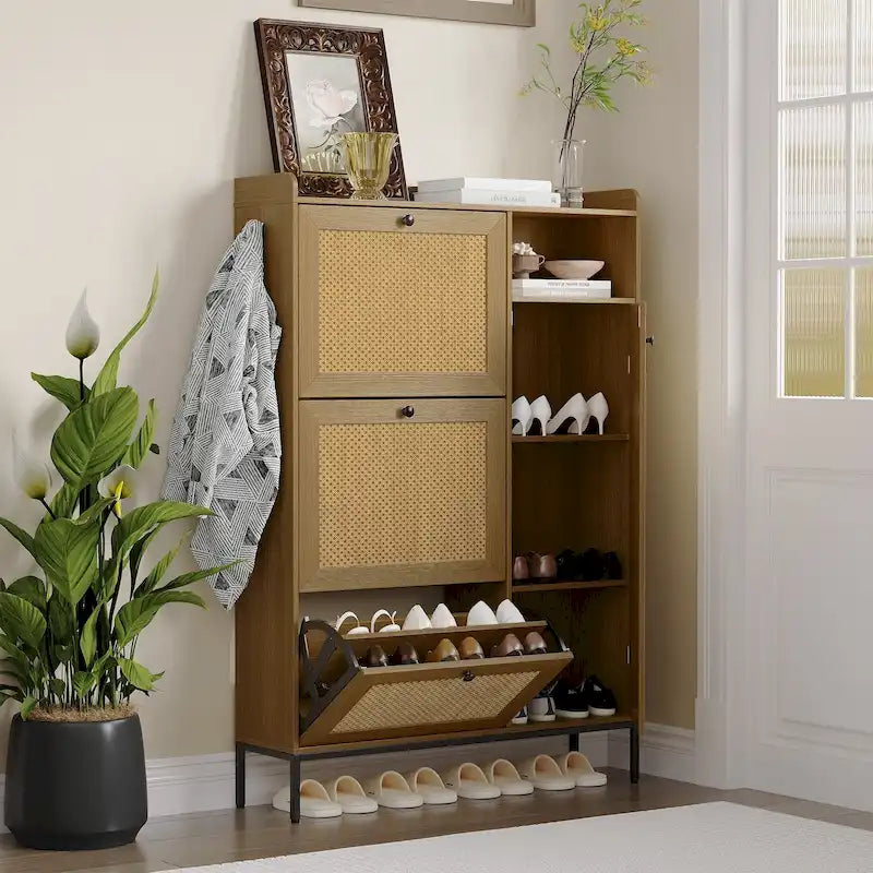 Meuble à chaussures en rotin avec 3 tiroirs basculants et 4 niveaux