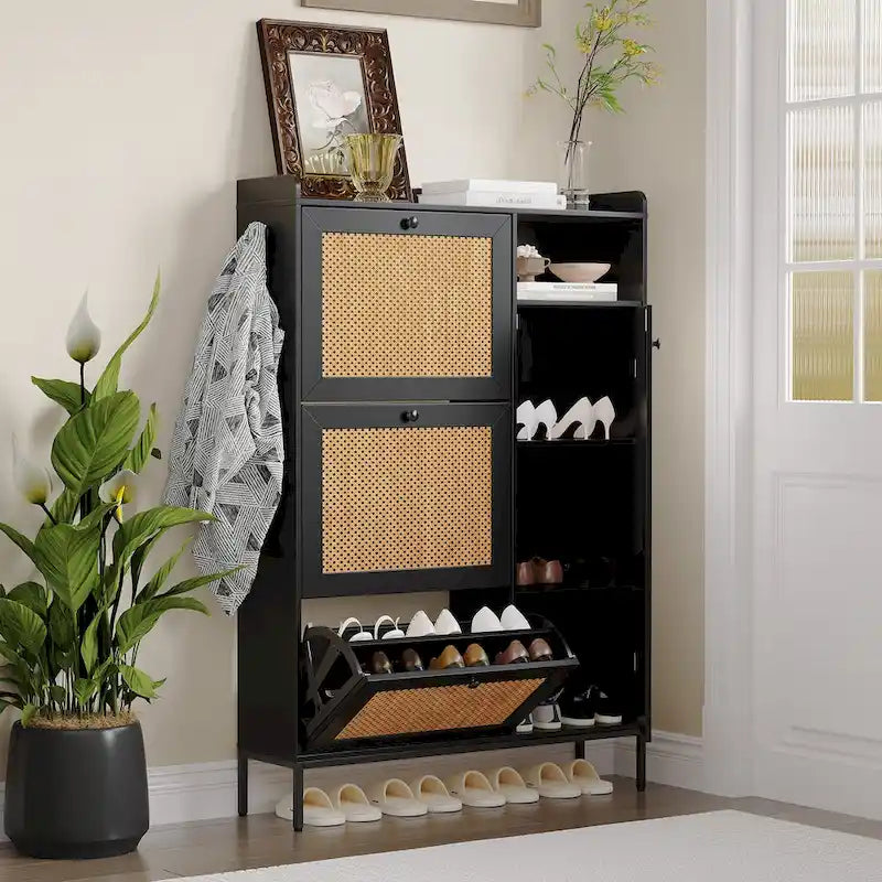Meuble à chaussures en rotin avec 3 tiroirs basculants et 4 niveaux