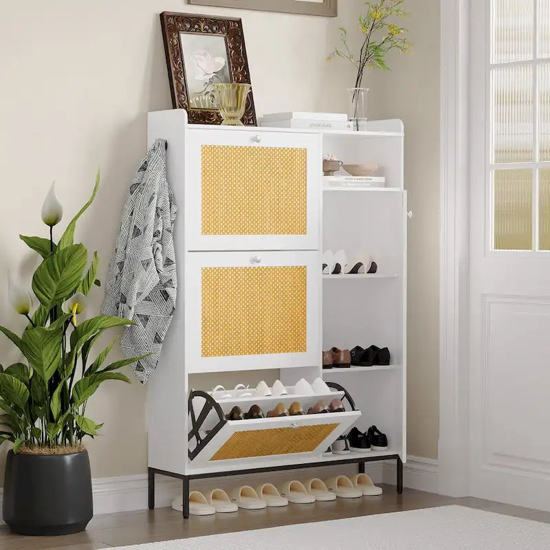 Meuble à chaussures en rotin avec 3 tiroirs basculants et 4 niveaux