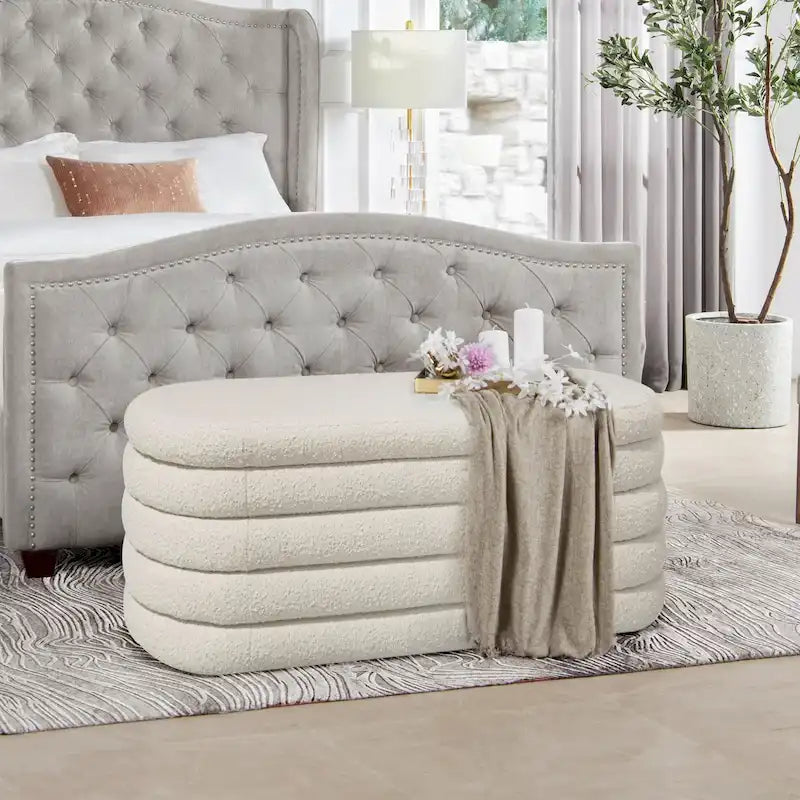 Banc de rangement capitonné ovale 49" en fausse fourrure sherpa bouclée avec couvercle touffeté — Capacité 113 kg