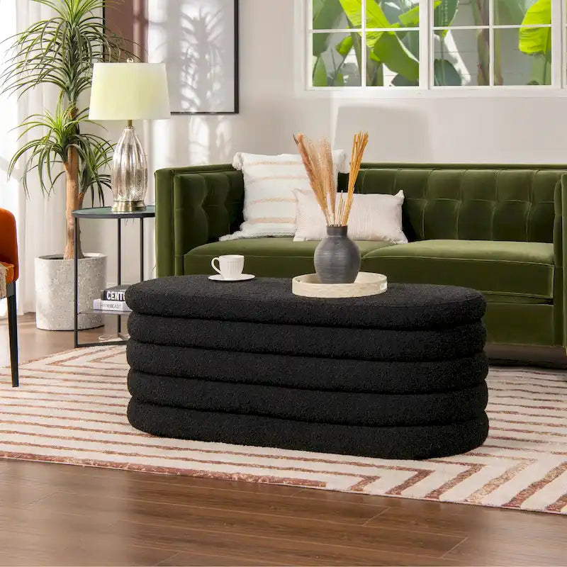 Banc de rangement capitonné ovale 49" en fausse fourrure sherpa bouclée avec couvercle touffeté — Capacité 113 kg