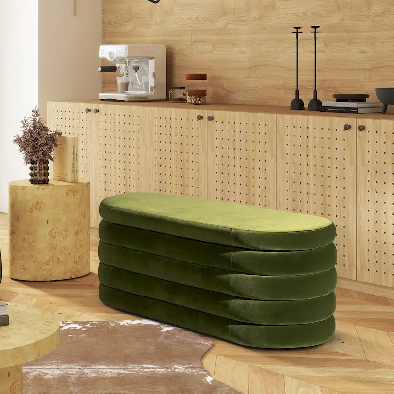 Banc de rangement capitonné ovale 49" en fausse fourrure sherpa bouclée avec couvercle touffeté — Capacité 113 kg