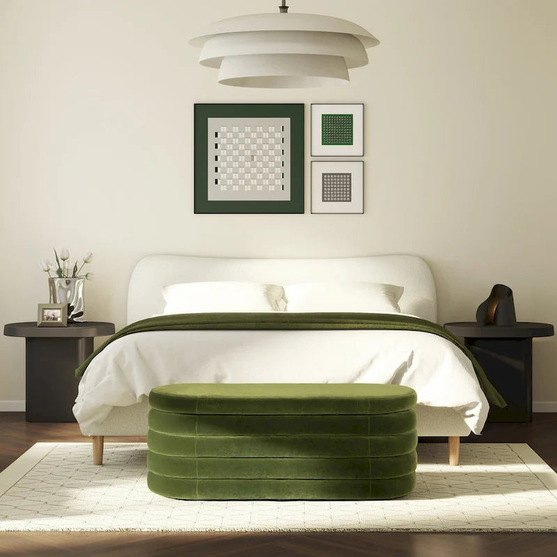 Banc de rangement capitonné ovale 49" en fausse fourrure sherpa bouclée avec couvercle touffeté — Capacité 113 kg