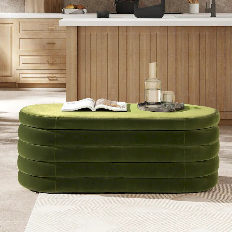 Banc de rangement capitonné ovale 49" en fausse fourrure sherpa bouclée avec couvercle touffeté — Capacité 113 kg