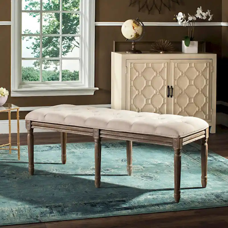 Banc de brasserie française touffeté en bois d'hévéa avec finition chêne rustique — 119 cm (L) x 46 cm (P) x 48 cm (H)
