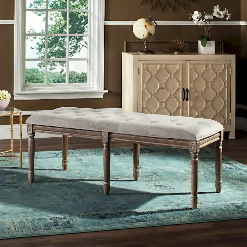 Banc de brasserie française touffeté en bois d'hévéa avec finition chêne rustique — 119 cm (L) x 46 cm (P) x 48 cm (H)