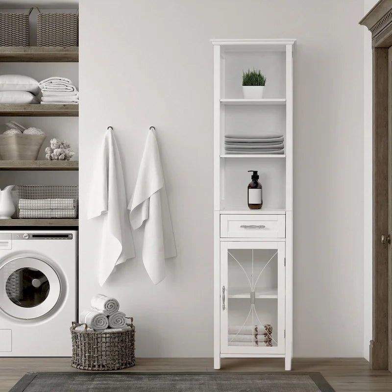Colonne de salle de bain autoportante avec étagères ouvertes, tiroir et meuble vitré — 43,2 cm L x 34,3 cm l x 165,1 cm H