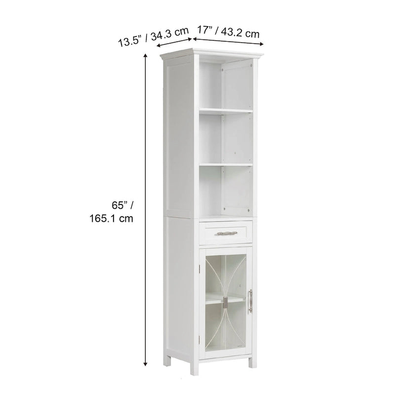 Colonne de salle de bain autoportante avec étagères ouvertes, tiroir et meuble vitré — 43,2 cm L x 34,3 cm l x 165,1 cm H
